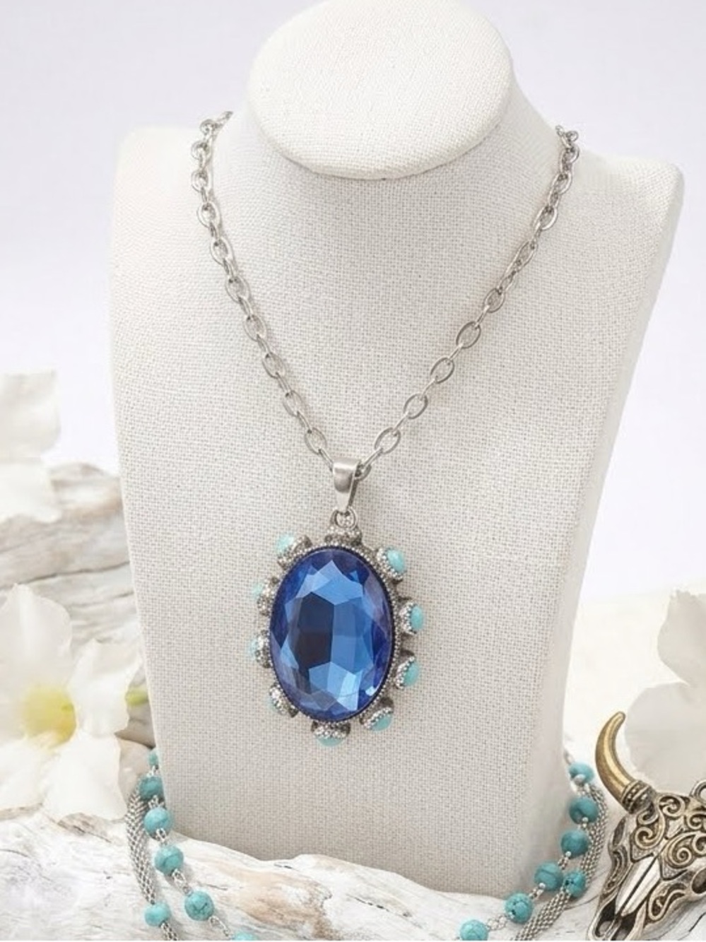 Boho Blue Bling, Turquoise Statement Necklace Coastal Cowgirl Vintage Western
